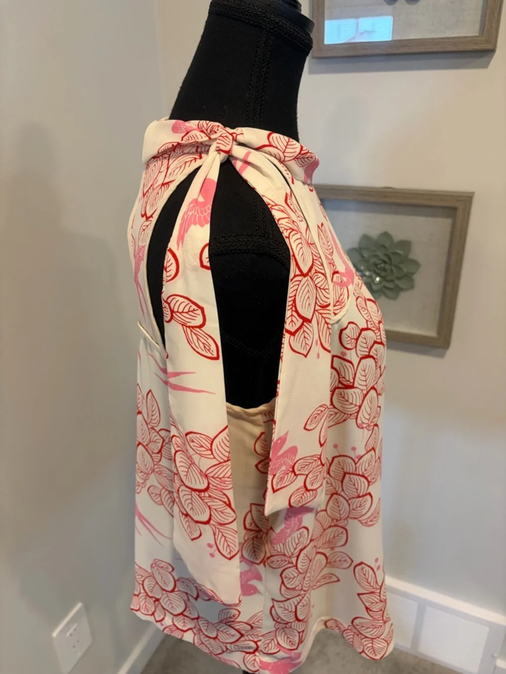 Anthropologie Maeve Cream/Red/Pink Bird & Leaf Print Bow Blouse EUC - Picture 8 of 16